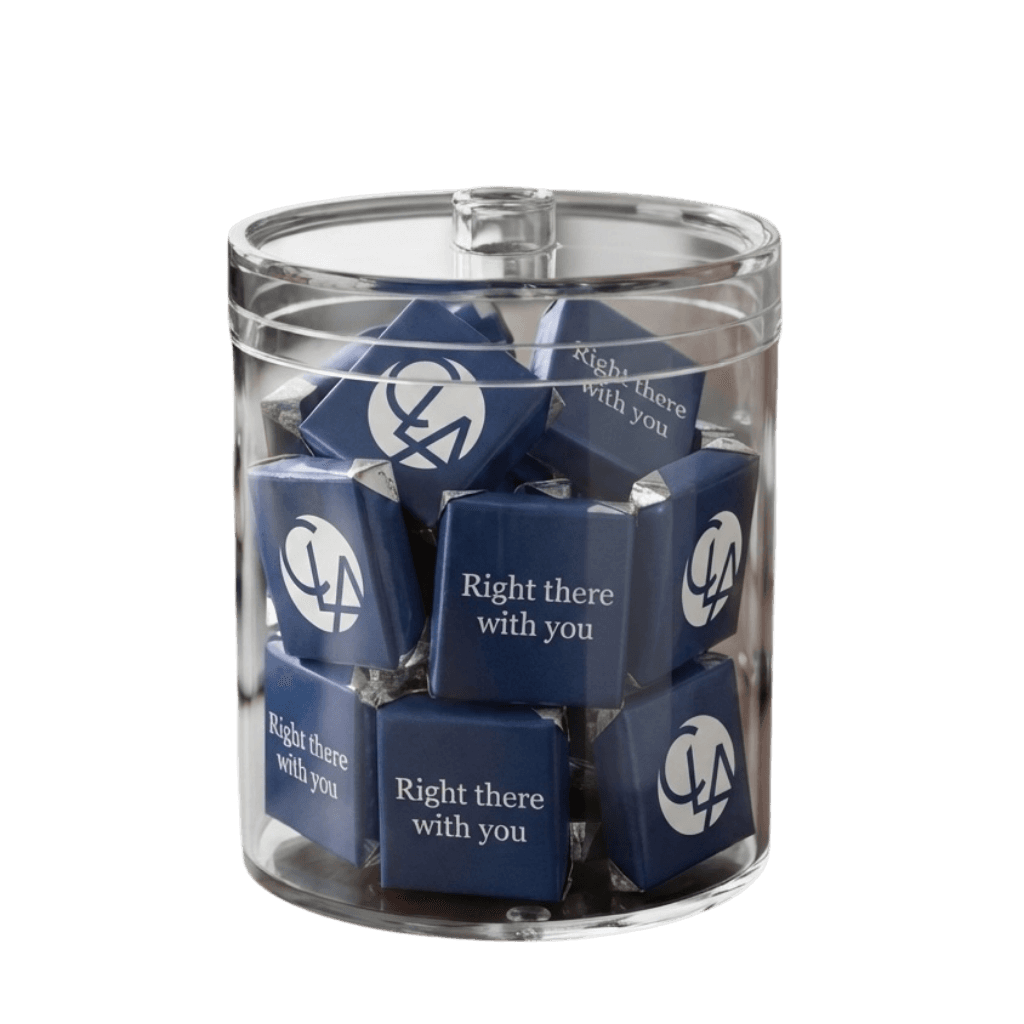 Custom branded chocolate gift jar — a physical desk touchpoint